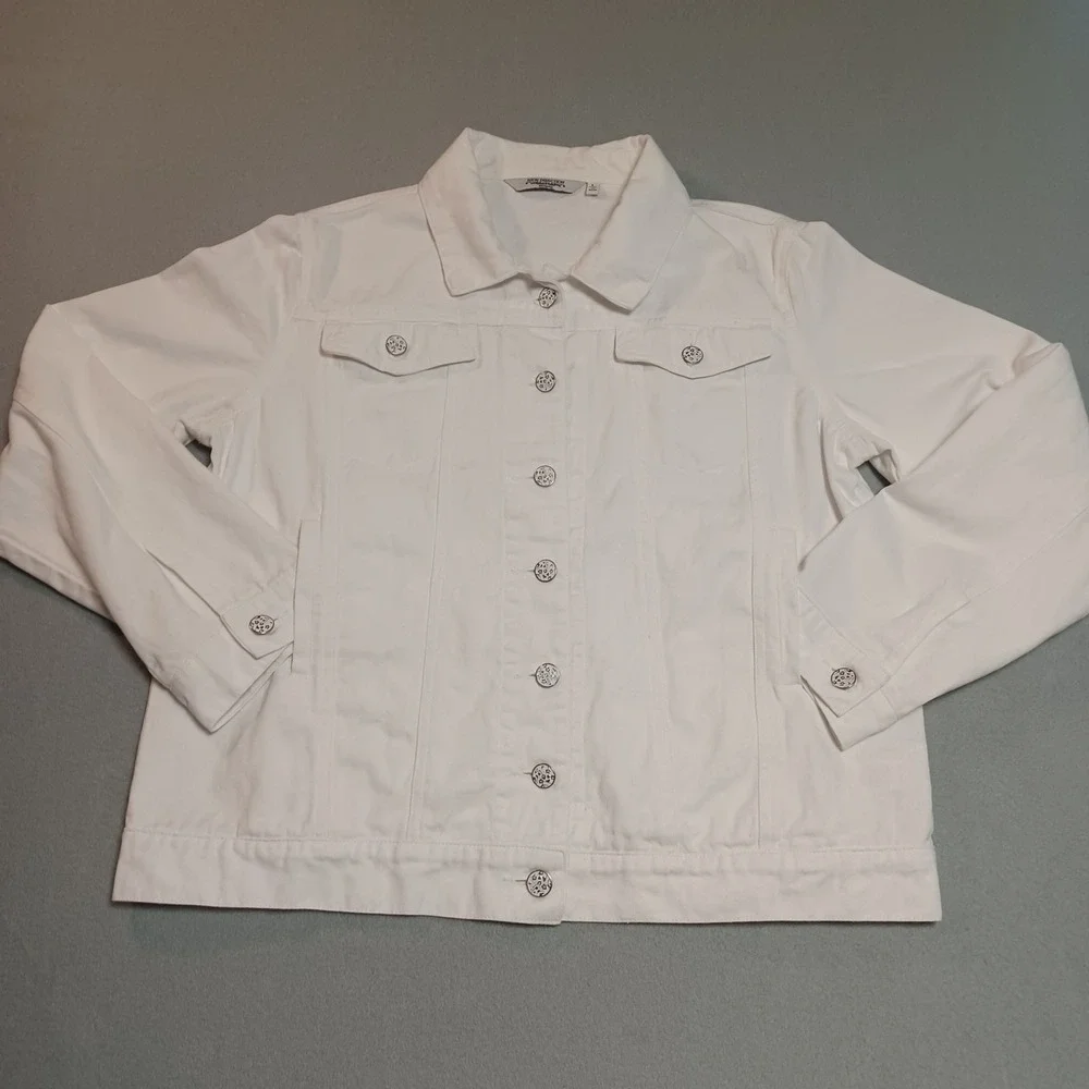 New‎ Direction Woman White Denim Jacket 100% Cotton Trucker Style Size L 54742NJ